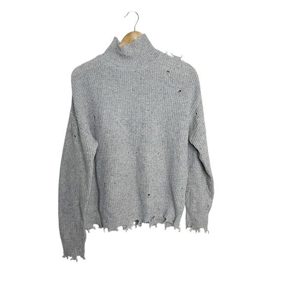 Zenana Outfitters Sweaters - Zenana Gray Distressed Turtleneck Sweater XS Funfetti Speckled Cutout Cable Knit